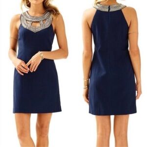Lilly Pulitzer Carlton Shift Navy Halter Neck Dress with Gold Beaded Accents